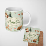 Personalized Custom Name Bear Bunny Squirrel Trees Mushrooms Butterfly Soft Sage Seamless 11oz Ceramic Coffee Tea Mug White Large Handle