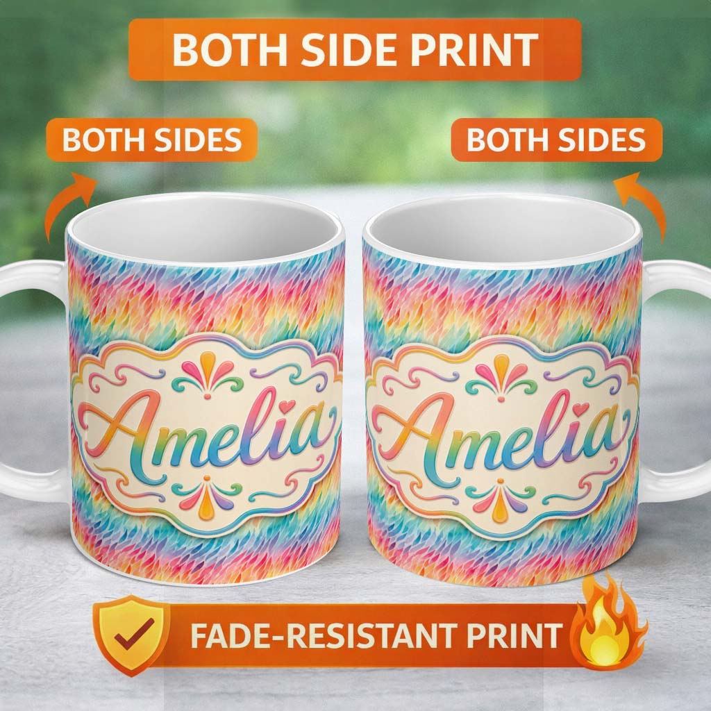 Personalized Custom Name Geometric Rainbow Curved Blocks Pattern Seamless Pattern Lovely 11oz Ceramic Coffee Tea Mug White Large Handle