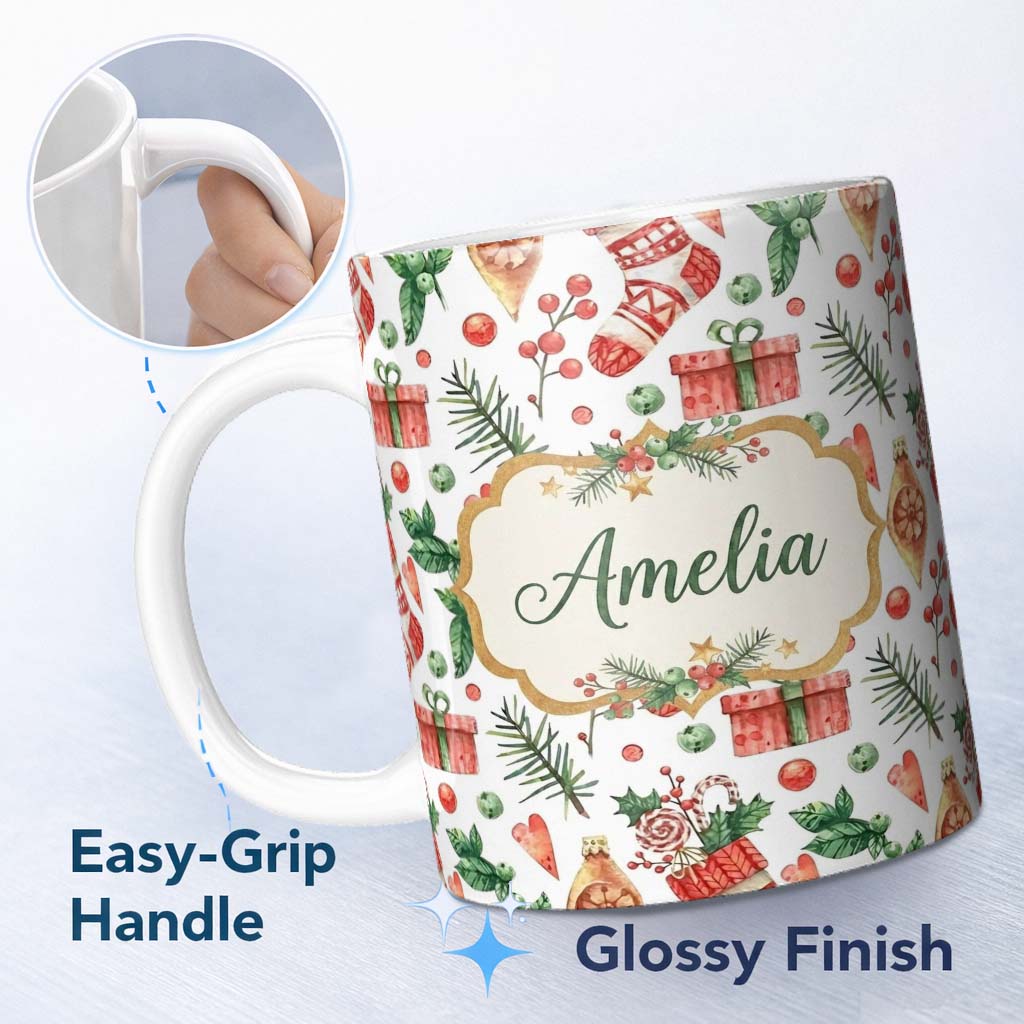 Personalized Custom Name Watercolor Christmas Stocking Pine Branch Seamless Pattern Lovely 11oz Ceramic Coffee Tea Mug White Large Handle