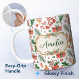 Personalized Custom Name Watercolor Christmas Stocking Pine Branch Seamless Pattern Lovely 11oz Ceramic Coffee Tea Mug White Large Handle