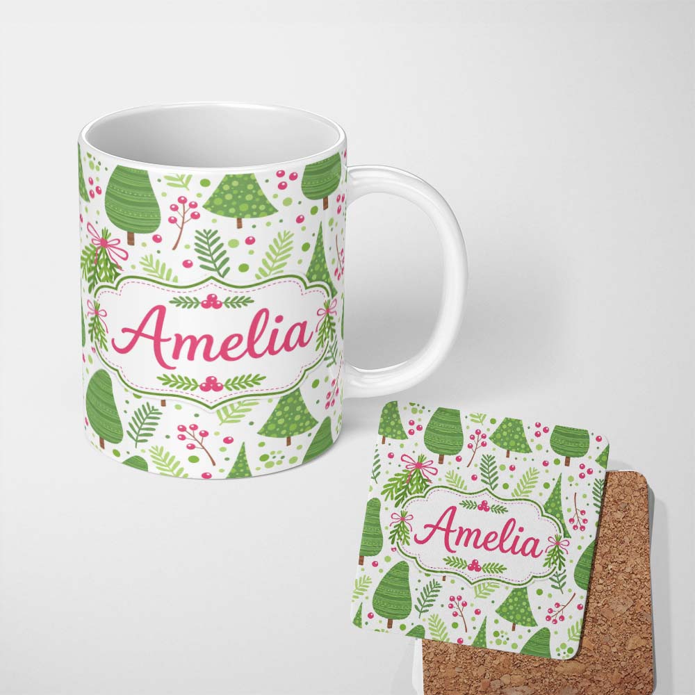 Personalized Custom Name Minimal Christmas Tree Branch Berry Pink Bow Seamless Pattern Lovely 11oz Ceramic Coffee Tea Mug White Large Handle