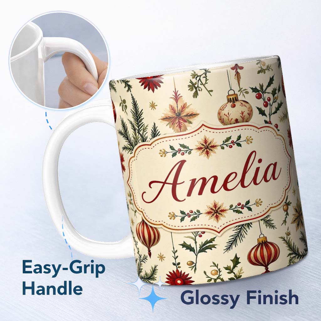 Personalized Custom Name Elegant Christmas Baubles Holly Berry Botanical Seamless Pattern 11oz Ceramic Coffee Tea Mug White Large Handle