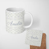 Personalized Custom Name Minimal Soft Grey Botanical Floral Repeat Seamless Pattern Lovely 11oz Ceramic Coffee Tea Mug White Large Handle