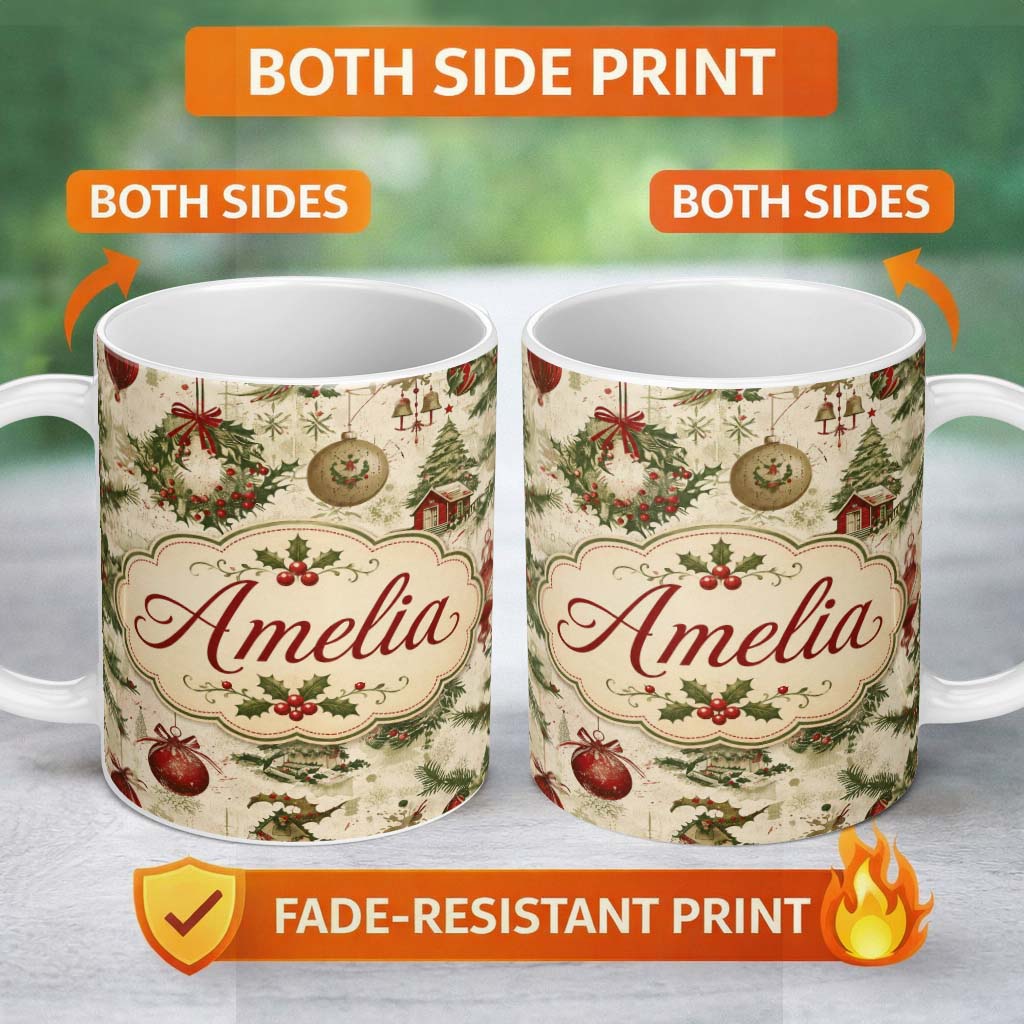 Personalized Custom Name Vintage Christmas Wreaths Bells Baubles Seamless Pattern Festive 11oz Ceramic Coffee Tea Mug White Large Handle