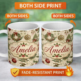 Personalized Custom Name Vintage Christmas Wreaths Bells Baubles Seamless Pattern Festive 11oz Ceramic Coffee Tea Mug White Large Handle