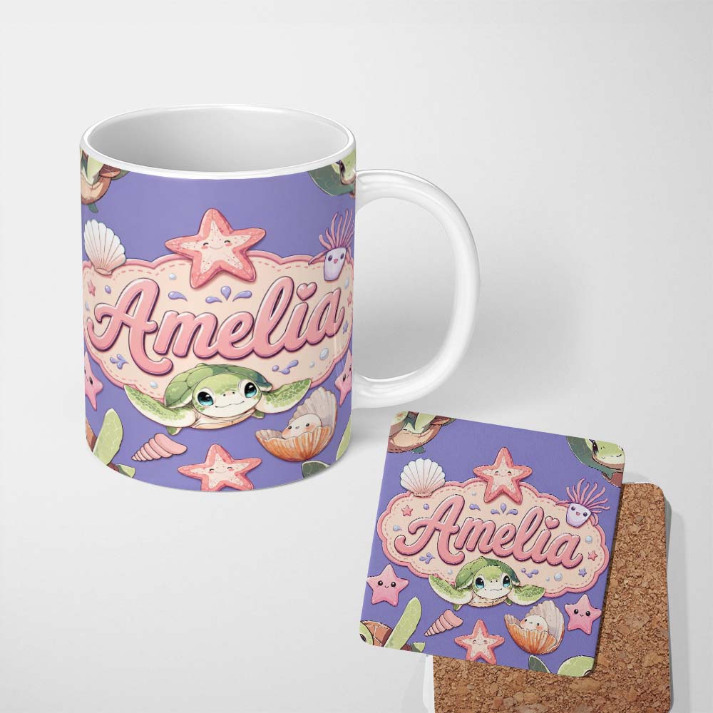 Personalized Custom Name Cute Kawaii Sea Turtle Starfish Shells Ocean Friends Lavender Lovely 11oz Ceramic Coffee Tea Mug White Large Handle