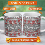 Personalized Custom Name Cute Christmas Bunny Hearts and Trees Knitted Style Seamless Pattern 11oz Ceramic Coffee Tea Mug White Large Handle