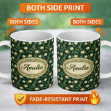 Personalized Custom Name Dark Green Ornate Onion Botanical Pattern Vintage Floral Style 11oz Ceramic Coffee Tea Mug White Large Handle