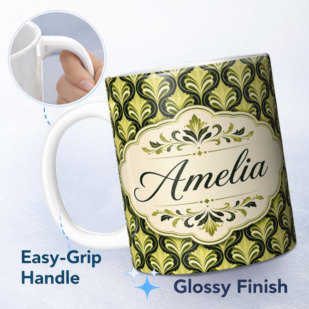 Personalized Custom Name Art Nouveau Inspired Green Ornamental Leaf Seamless Pattern Vintage 11oz Ceramic Coffee Tea Mug White Large Handle