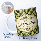 Personalized Custom Name Art Nouveau Inspired Green Ornamental Leaf Seamless Pattern Vintage 11oz Ceramic Coffee Tea Mug White Large Handle