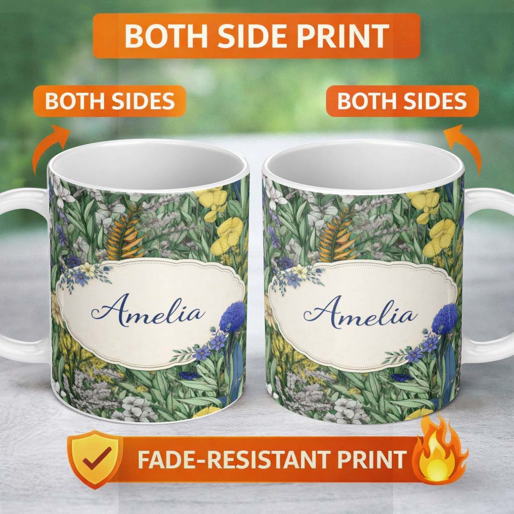 Personalized Custom Name Tropical Botanical Garden Illustration Green Floral Seamless Pattern 11oz Ceramic Coffee Tea Mug White Large Handle
