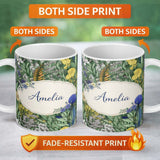 Personalized Custom Name Tropical Botanical Garden Illustration Green Floral Seamless Pattern 11oz Ceramic Coffee Tea Mug White Large Handle