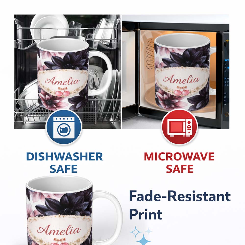 Personalized Custom Name Dark Gothic Floral Dahlia Black Pink Elegant Flower Pattern Lovely 11oz Ceramic Coffee Tea Mug White Large Handle