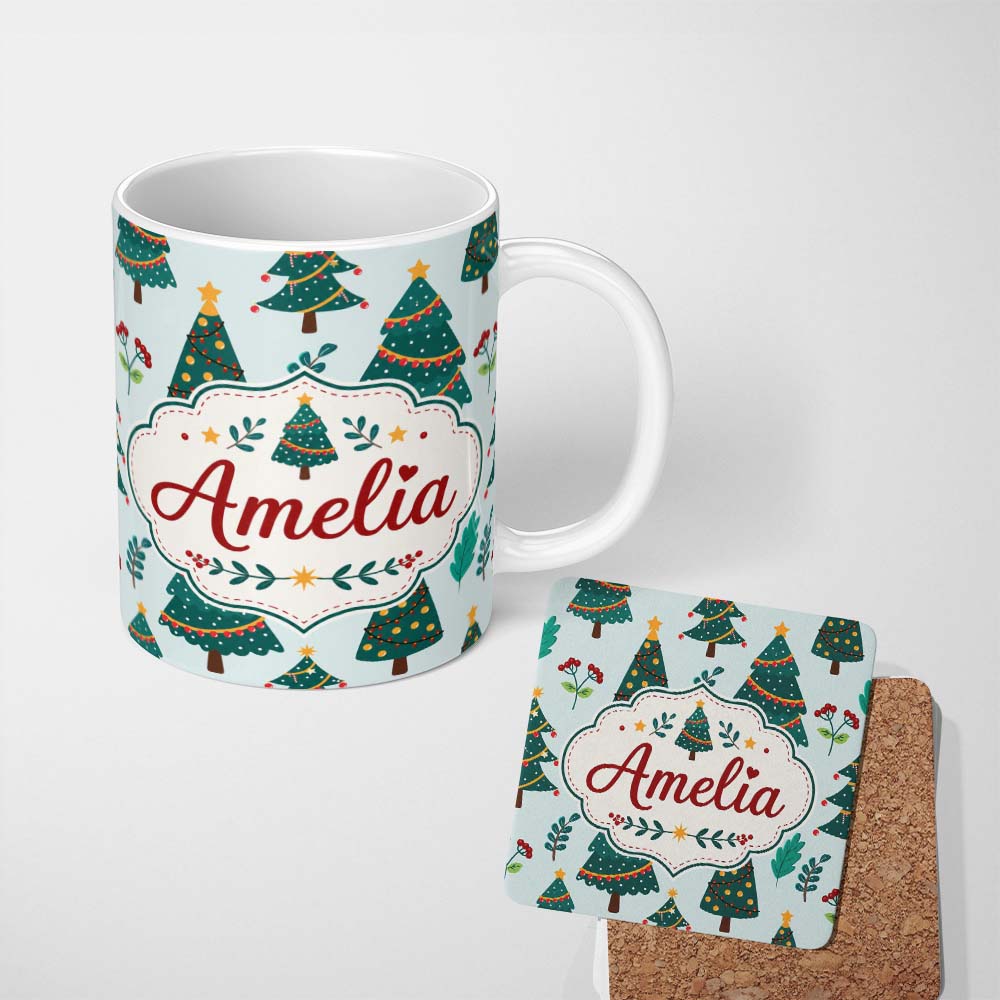 Personalized Custom Name Decorated Christmas Trees Berries Winter Foliage Seamless Pattern 11oz Ceramic Coffee Tea Mug White Large Handle