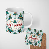 Personalized Custom Name Decorated Christmas Trees Berries Winter Foliage Seamless Pattern 11oz Ceramic Coffee Tea Mug White Large Handle