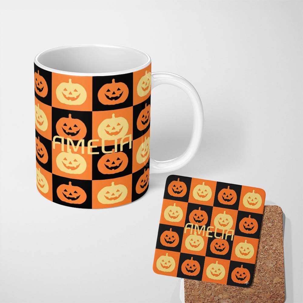 Personalized Custom Name Halloween Pumpkin Faces Orange and Black Checkerboard Seamless 11oz Ceramic Coffee Tea Mug White Large Handle