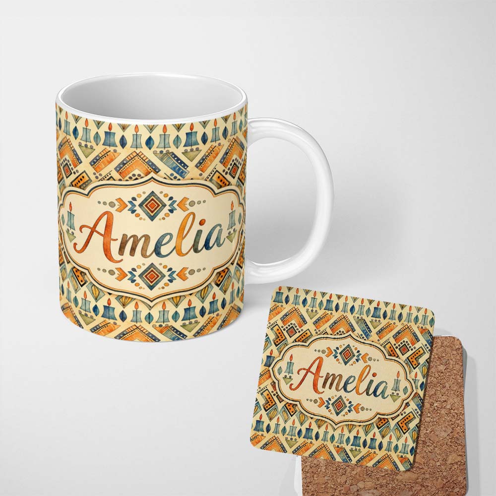 Personalized Custom Name Geometric Tribal Candle Motif Ethnic Pattern Seamless Pattern Design 11oz Ceramic Coffee Tea Mug White Large Handle