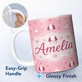 Personalized Custom Name Minimal Reindeer Tree Winter Floral Pink Seamless Pattern Lovely 11oz Ceramic Coffee Tea Mug White Large Handle