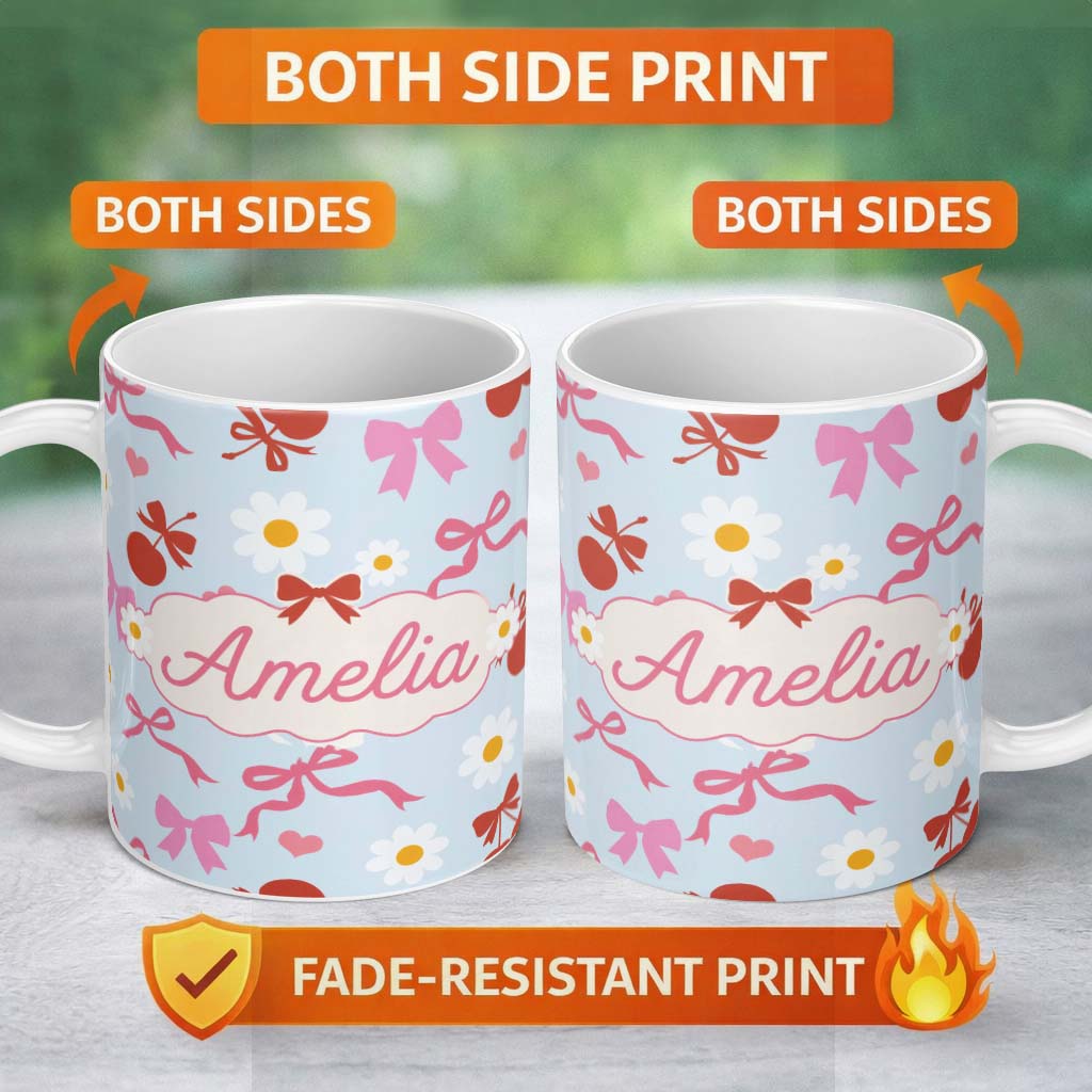 Personalized Custom Name Cute Cherry Bow Daisy Heart Seamless Pattern on Light Blue Lovely 11oz Ceramic Coffee Tea Mug White Large Handle