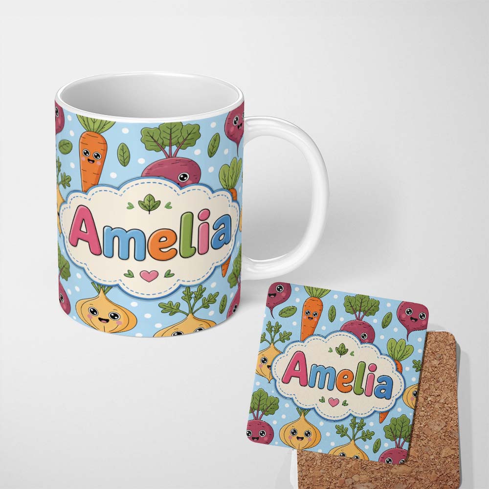 Personalized Custom Name Cute Happy Vegetables Carrots Beetroot Onion Garden Seamless Pattern 11oz Ceramic Coffee Tea Mug White Large Handle