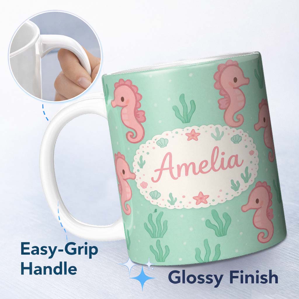 Personalized Custom Name Cute Seahorse Ocean Cartoon Animal Pattern Stylish Everyday Mug 11oz Ceramic Coffee Tea Mug White Large Handle