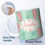 Personalized Custom Name Cute Seahorse Ocean Cartoon Animal Pattern Stylish Everyday Mug 11oz Ceramic Coffee Tea Mug White Large Handle