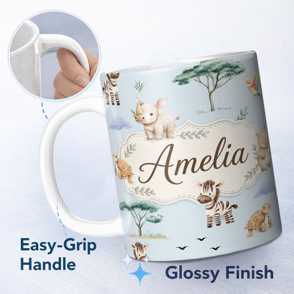 Personalized Custom Name Cute Safari Animals Zebra Rhino Turtle Teal Seamless Pattern Lovely 11oz Ceramic Coffee Tea Mug White Large Handle