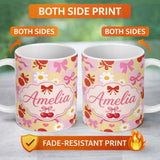 Personalized Custom Name Cute Cherry Bow Daisy Heart on Pink and Yellow Gingham Background 11oz Ceramic Coffee Tea Mug White Large Handle