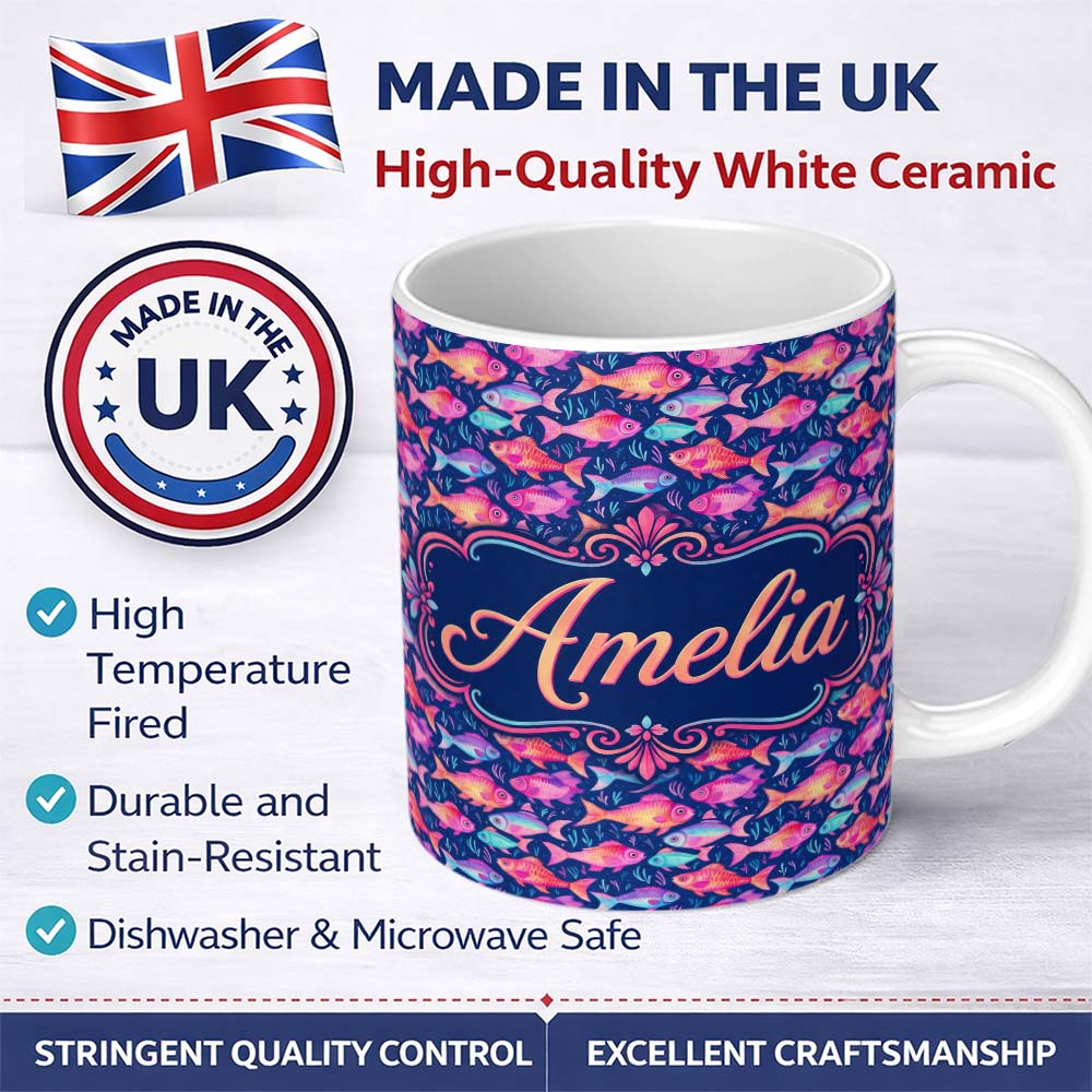 Personalized Custom Name Whimsical Coral and Mint Fish with Seaweed Pattern on Deep Navy 11oz Ceramic Coffee Tea Mug White Large Handle