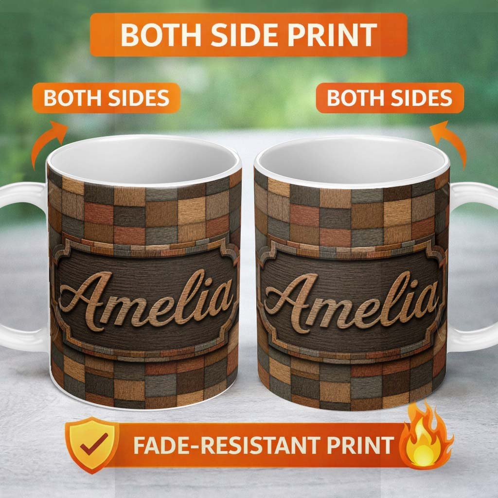 Personalized Custom Name Natural Wooden Square Parquet Texture Seamless Pattern Lovely 11oz Ceramic Coffee Tea Mug White Large Handle