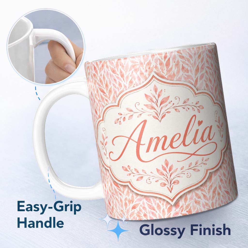 Personalized Custom Name Soft Coral Leaf Botanical Texture Seamless Pattern Cute Unique Gift 11oz Ceramic Coffee Tea Mug White Large Handle