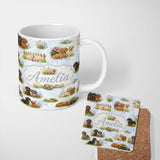 Personalized Custom Name Cute Dachshund Puppy Garden Floral Seamless Pattern Cute Unique Gift 11oz Ceramic Coffee Tea Mug White Large Handle