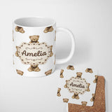 Personalized Custom Name Cute Teddy Bear Plush Toy Seamless Pattern on Soft Grey Background 11oz Ceramic Coffee Tea Mug White Large Handle
