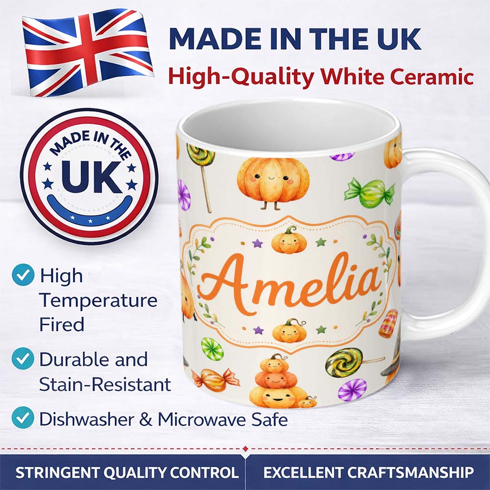 Personalized Custom Name Cute Halloween Pumpkin Candy Characters Neutral Background Seamless 11oz Ceramic Coffee Tea Mug White Large Handle