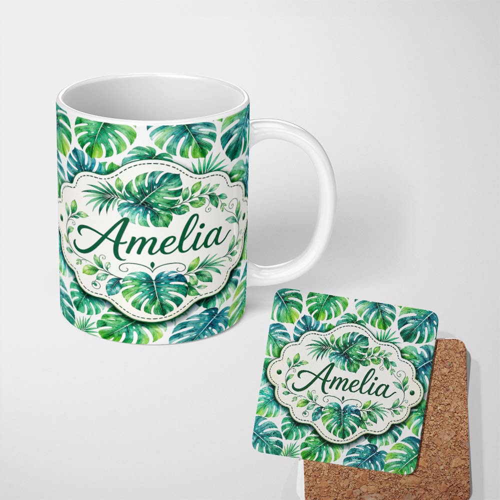 Personalized Custom Name Soft Watercolor Monstera Leaves in Fresh Green Tones Seamless Lovely 11oz Ceramic Coffee Tea Mug White Large Handle