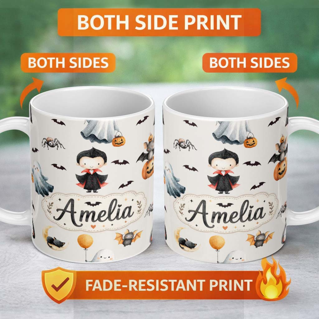 Personalized Custom Name Cute Halloween Vampire Ghost Bats Spooky Cream Background Seamless 11oz Ceramic Coffee Tea Mug White Large Handle