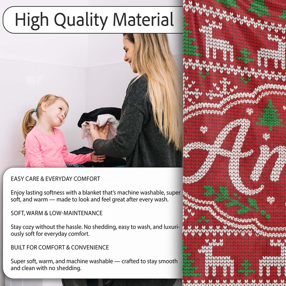 Traditional Reindeer Christmas Knit Pattern Seamless Lovely  Personalised Custom Name Super Soft Fleece Blanket Bed Sofa Throw