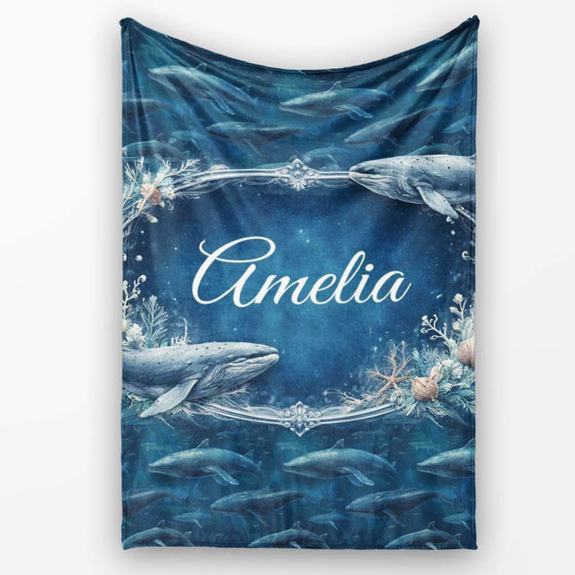 Deep Ocean Whale Seamless Pattern Blue Marine Animal Design Lovely  Personalised Custom Name Super Soft Fleece Blanket Bed Sofa Throw