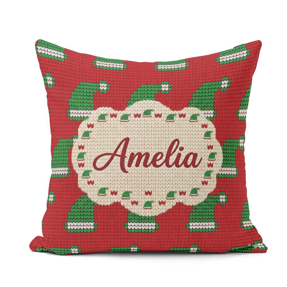 Custom Name Festive Christmas Hat Knitted Pattern Holiday Lovely Square Filled Cushion Throw Pillow Sofa Bed Home Decor Zip Washable UK Made
