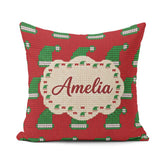 Custom Name Festive Christmas Hat Knitted Pattern Holiday Lovely Square Filled Cushion Throw Pillow Sofa Bed Home Decor Zip Washable UK Made
