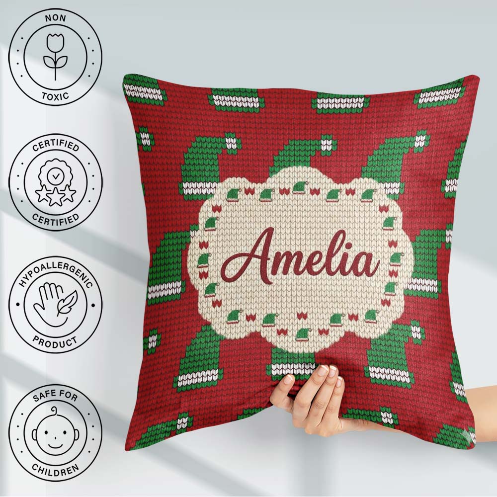 Custom Name Festive Christmas Hat Knitted Pattern Holiday Lovely Square Filled Cushion Throw Pillow Sofa Bed Home Decor Zip Washable UK Made