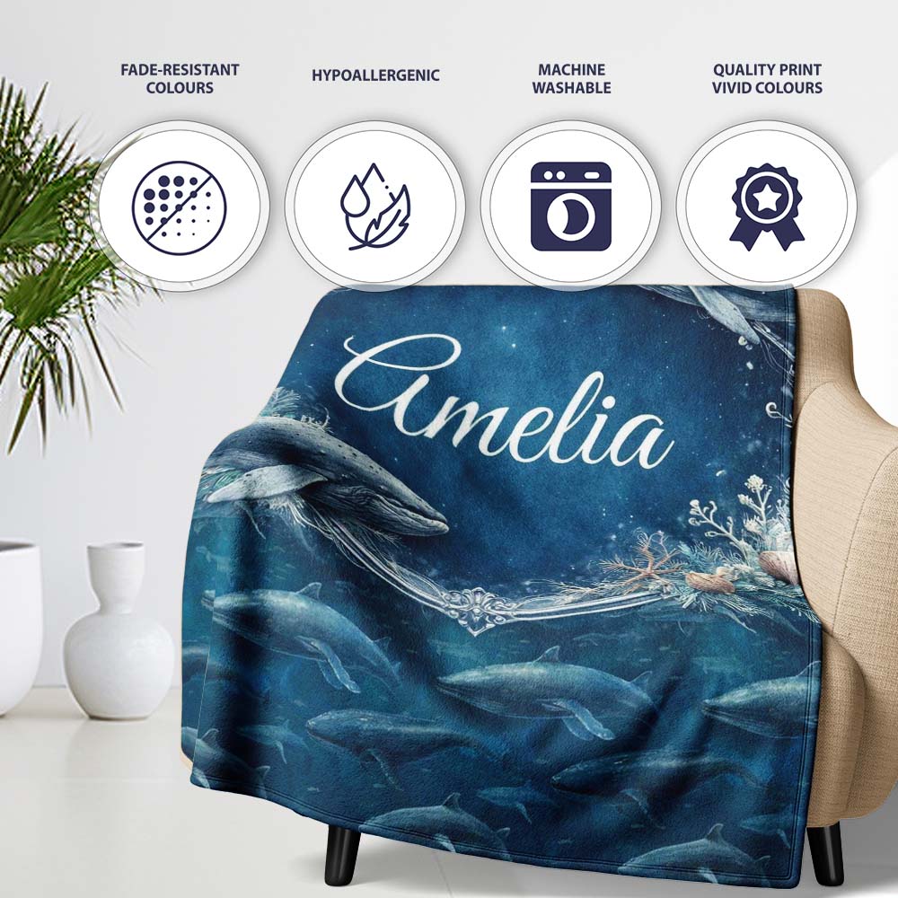 Deep Ocean Whale Seamless Pattern Blue Marine Animal Design Lovely  Personalised Custom Name Super Soft Fleece Blanket Bed Sofa Throw