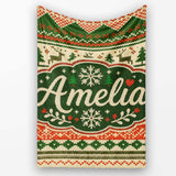 Nordic Zigzag Knit Green Red Cream Geometric Festive Sweater Style  Personalised Custom Name Super Soft Fleece Blanket Bed Sofa Throw