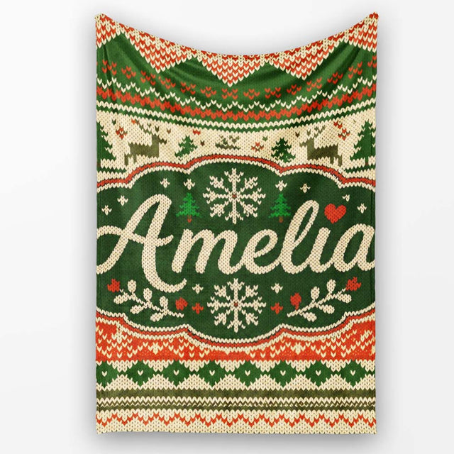 Nordic Zigzag Knit Green Red Cream Geometric Festive Sweater Style  Personalised Custom Name Super Soft Fleece Blanket Bed Sofa Throw