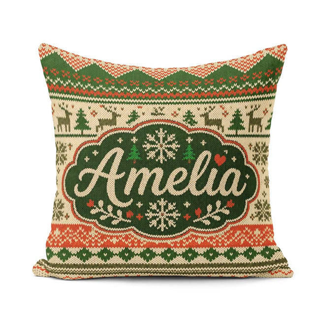 Custom Name Nordic Zigzag Knit Green Red Cream Geometric Festive Square Filled Cushion Throw Pillow Sofa Bed Home Decor Zip Washable UK Made