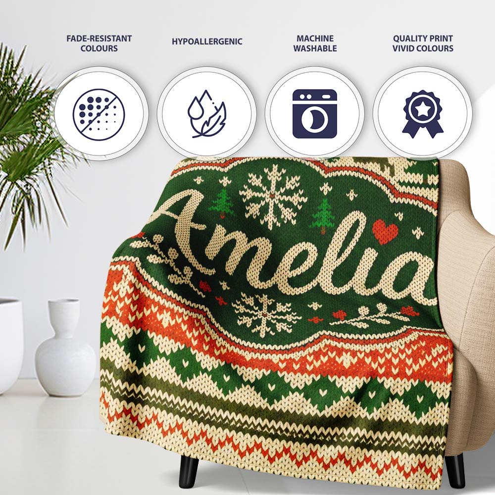 Nordic Zigzag Knit Green Red Cream Geometric Festive Sweater Style  Personalised Custom Name Super Soft Fleece Blanket Bed Sofa Throw