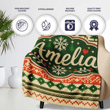 Nordic Zigzag Knit Green Red Cream Geometric Festive Sweater Style  Personalised Custom Name Super Soft Fleece Blanket Bed Sofa Throw