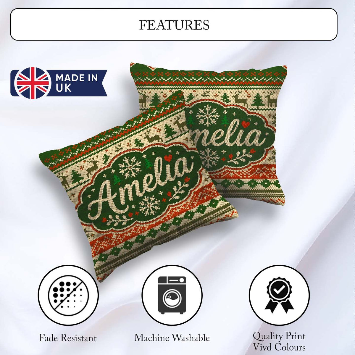 Custom Name Nordic Zigzag Knit Green Red Cream Geometric Festive Square Filled Cushion Throw Pillow Sofa Bed Home Decor Zip Washable UK Made