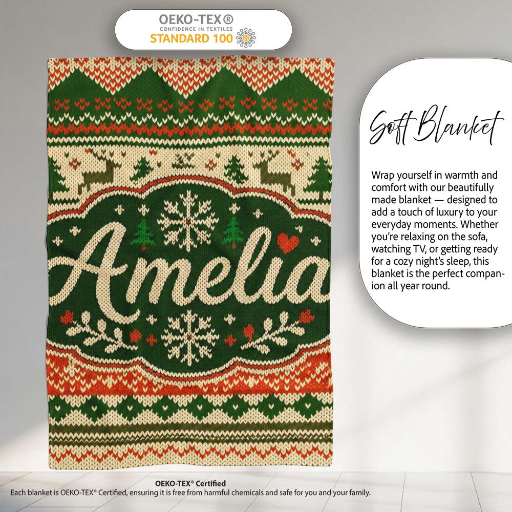Nordic Zigzag Knit Green Red Cream Geometric Festive Sweater Style  Personalised Custom Name Super Soft Fleece Blanket Bed Sofa Throw