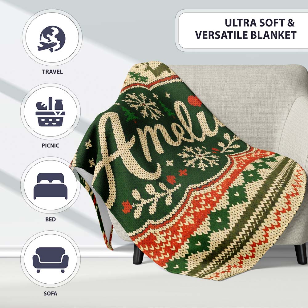 Nordic Zigzag Knit Green Red Cream Geometric Festive Sweater Style  Personalised Custom Name Super Soft Fleece Blanket Bed Sofa Throw